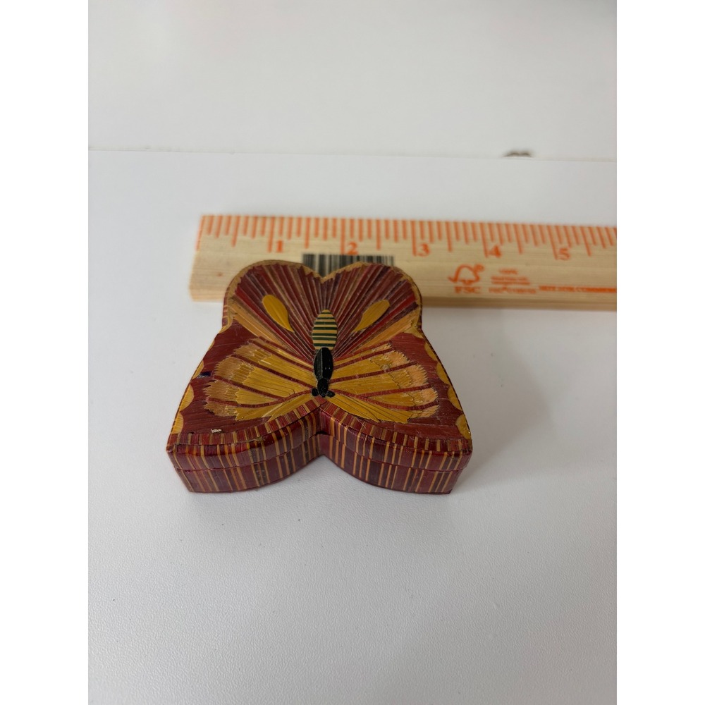 Vintage Wheat Straw Art Butterfly Trinket Box Red Gold Small Jewelry Case